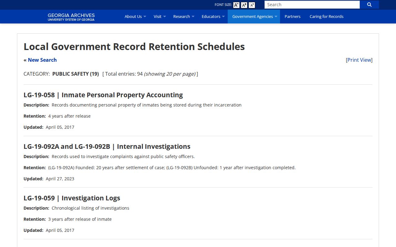 Georgia Archives jail booking retention schedule
